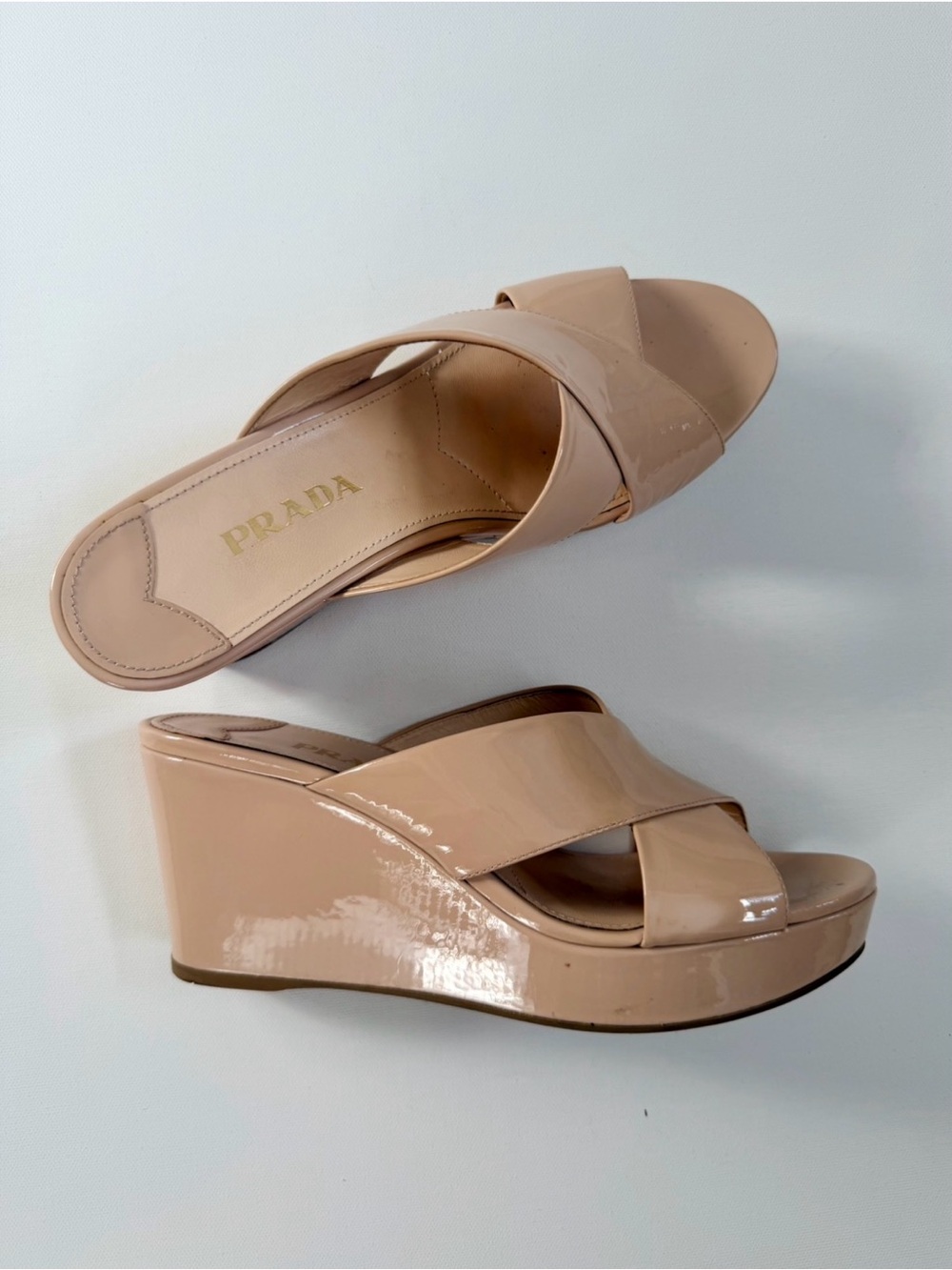 PRADA Beige Patent Leather Crisscross Platform Wedge Slide Sandals | Size 38